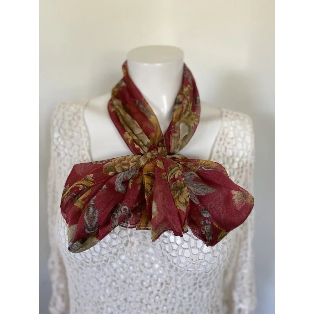 Ray Strauss Scarf Sheer Burgundy Beige‎ Yellow Flowers Rectangle 60